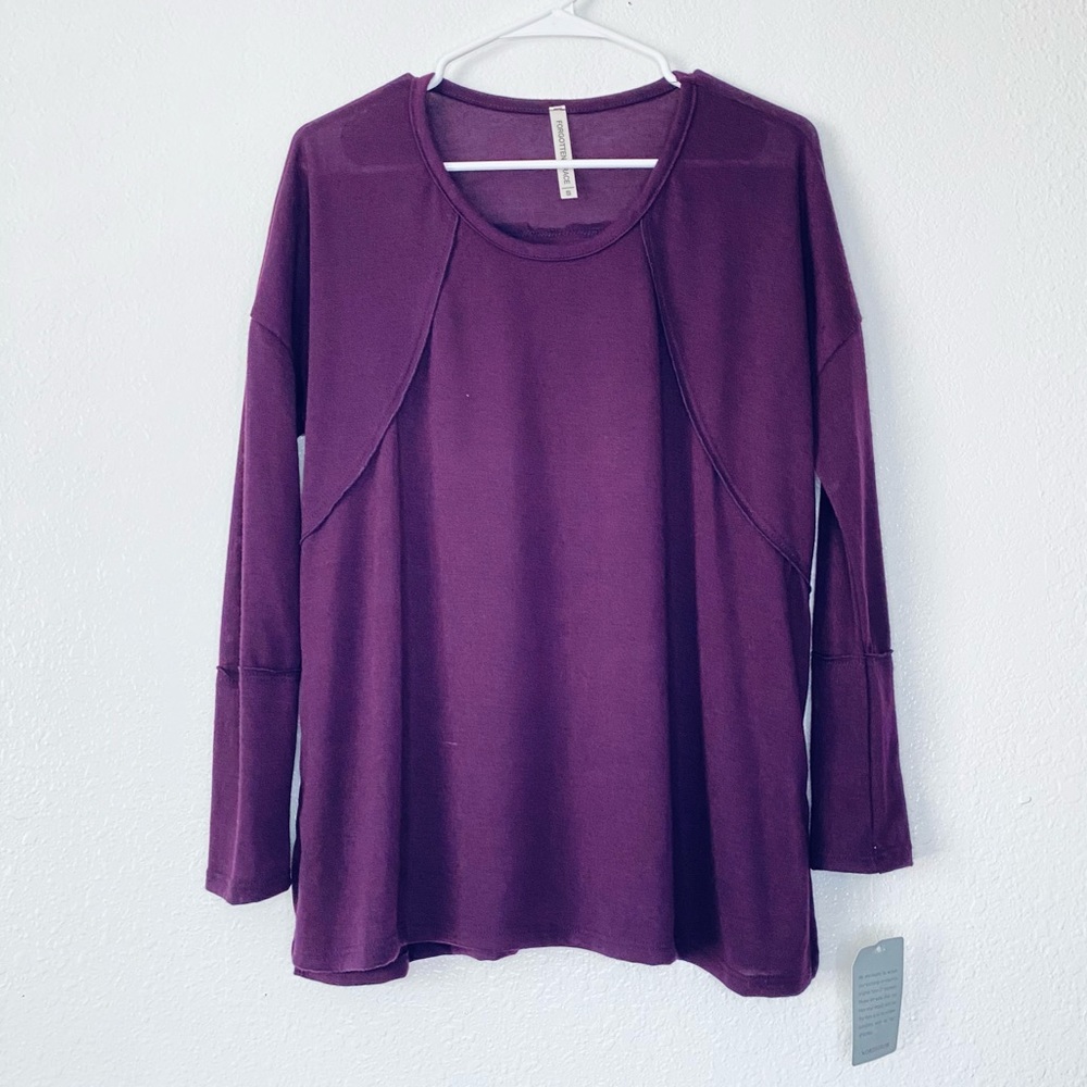 🍓 Forgotten Grace NEW Boho Raw Seam Lounge Purple Long Sleeve Sweater Top Small